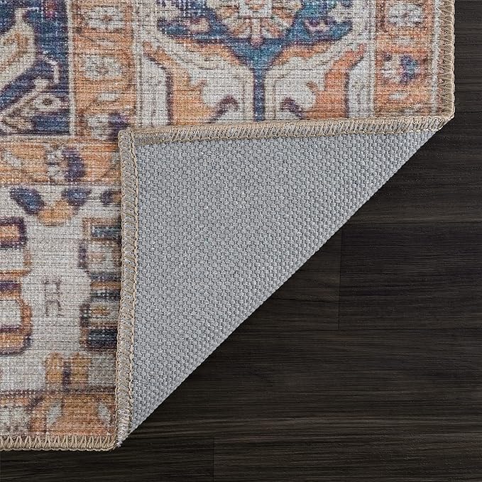Bloom Rugs Washable 4' x 6' Rug - Orange/Blue/Beige Traditional Area Rug for Living Room, Bedroom, Dining Room, and Kitchen - Exact Size: 4' x 6'