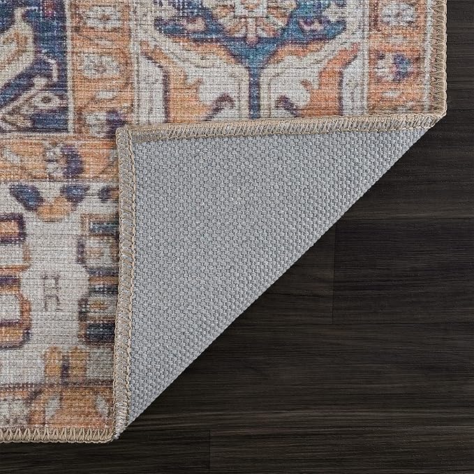 Bloom Rugs Washable 7 ft Runner - Orange/Blue/Beige Traditional Runner for Entryway, Hallway, Bathroom, and Kitchen - Exact Size: 2.5' x 7'