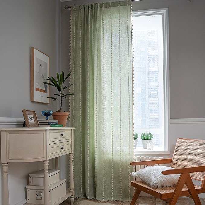 Sutuo Home Boho Curtains for Bedroom 96 Inches Long, Light Filtering Farmhouse Vintage Chic Tassels Window Treatment Bohemian Embroidery Drape, Rod Pocket 1 Panel 52" W x 96" L, Sage Green