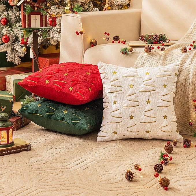 AQOTHES Christmas Tree Decorative Green Throw Pillow Covers 20x20 Set of 2, Faux Fur Farmhouse Throw Pillows Cushion Cases for Xmas Winter Holiday Home Decor