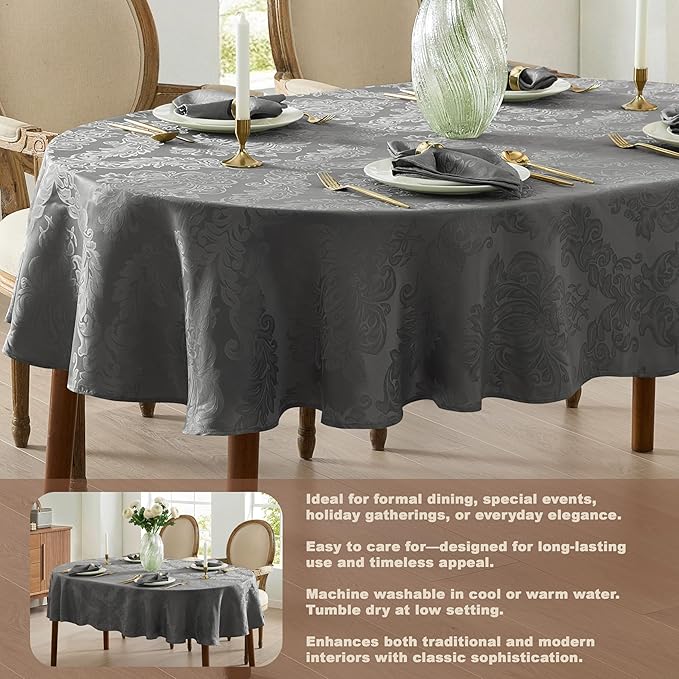 Newbridge Barcelona Damask Fabric Tablecloth, 60 x 84 Inch Oval, Grey – No Iron, Soil Resistant Table Cover for Dining, Parties and Holidays