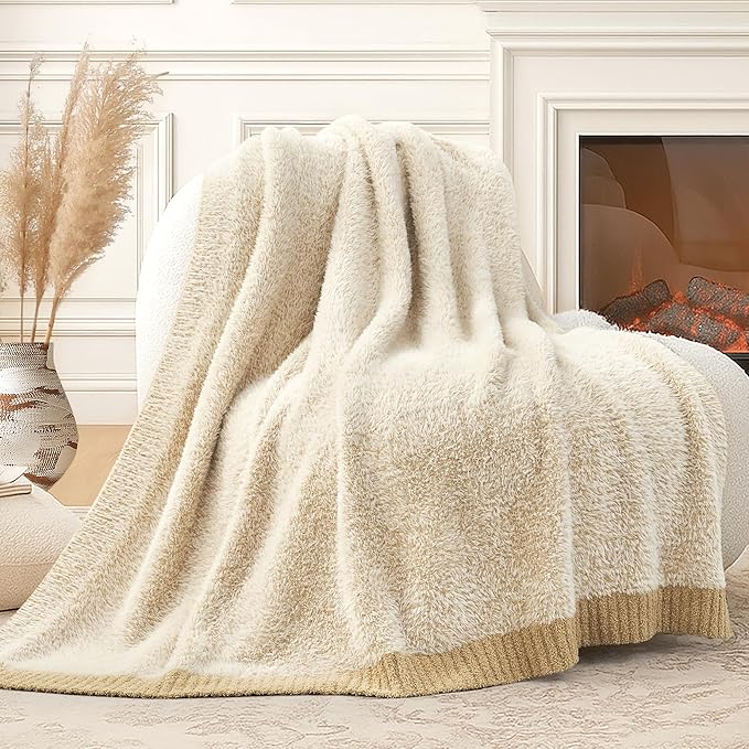 Amélie Home Knit Throw Blanket for Couch, Super Soft Cozy Fuzzy Throws for Sofa Bed Living Room, Luxury Cozy Fluffy Throw for Room Decor, 60" x 80", Heather Beige