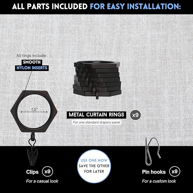 BlastHome® Luxury Curtain Rings - Premium Metal with Quiet, Smooth Nylon Inserts - Pinhooks and Clips Included - 1 1/2" Inside Diameter - 9 Rings for One Standard Curtain - Brushed Dark Brown