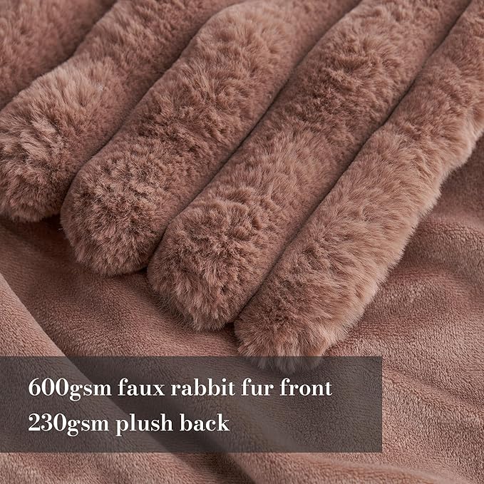 Amélie Home Faux Fur Throw Blanket for Couch, Cozy Fuzzy Fluffy Fur Luxurious Soft Striped Plush Gift Blankets for Family Sofa Chair Bedroom, 55"x70", Light Coffee