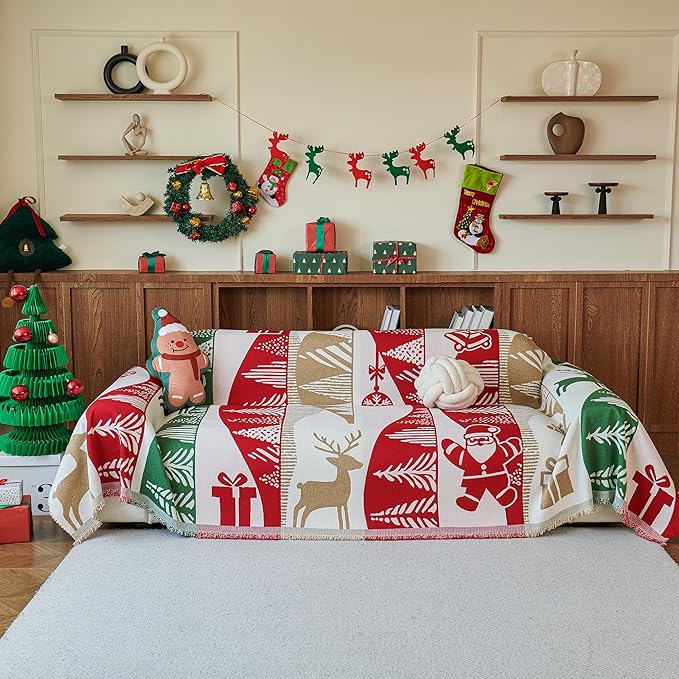 MYSKY HOME 71X134 inches Sofa Christmas Couch Cover, Sectional Sofa Covers Sofa Slipcover for 3 Cushion Couch, L Shape Couch Covers for Dog, Washable Sofa Blanket, Furniture Protector, Gift Pattern
