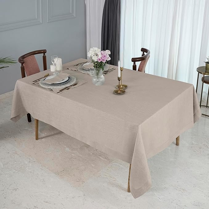 D'Moksha Homes Natural Linen Tablecloth 60 x 120 Inch - 100% Pure Linen Hemstitch Tablecloth for Rectangle Tables - Classic Hemstitch, Machine Washable Table Cloth for Thanksgiving, Christmas, Holiday