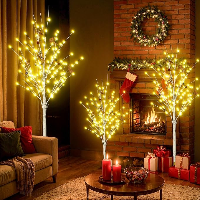 Recaceik Set of 3 Lighted Birch Trees 4FT 5FT 6FT, Christmas Decorations with Warm White LED Lights & Cherry Blossom, Fairy Light Spirit Tree for Indoor Outdoor Christmas Home Decor