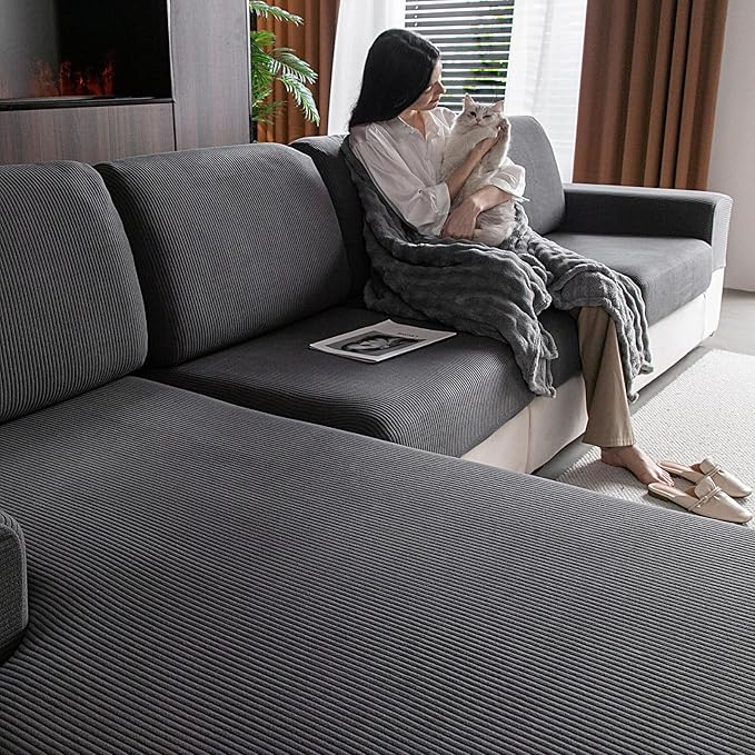 Sectional Couch Covers, Wear Resistant Stretch Sofa Covers Washable Soft Couch Cushion Covers Anti Slip Furniture Protector Sofa Slipcovers for Pets(1 Piece Chaise Cover, Dark Gray)