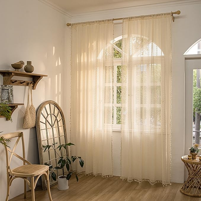 Sutuo Home Boho Curtains 2 Panels 63 Inches Length for Bedroom, Window Treatments Bohemian Sheer Crochet Lace Vintage Drapes Pair, Beige Geometry Knitted with Handmade Tassels Rod Pocket, 52" x 63"