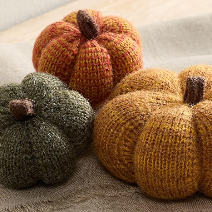 Your Heart's Content Set of 3 Cozy Mini Knit Pumpkins, Warm Green Gold Fall Table top décor, Soft Autumn Home Accents, Thanksgiving Table Setting (Marigold Multi-Size Set)