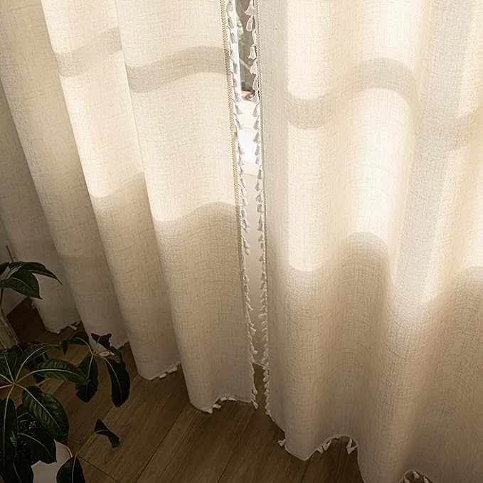 Sutuo Home Boho Curtains 96 Inches Long, Bohemian Linen Style Textured Curtains with Tassels for Bedroom, Semi Blackout Farmhouse Drapes, Rod Pocket Window Treatments 2 Panels, 52" x 96", Ivory