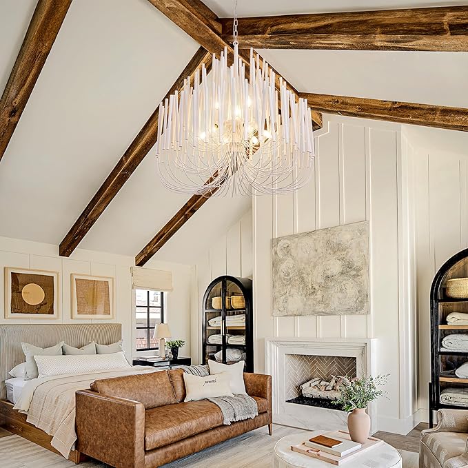 TOCHIC Modern Farmhouse Chandelier for Dining Room 36", Large Vintage White Wood Chandeliers Light for Living Room, Rustic Pendant Lighting Fixture Ceiling Hanging for Foyer Bedroom Entryway