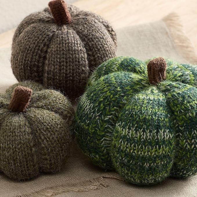 Your Heart's Content Set of 3 Cozy Mini Knit Pumpkins, Autumn Table Home décor, Fall Seasonal Gift idea, Green Accent Kitchen Decor (Juniper Multi-Size Set)