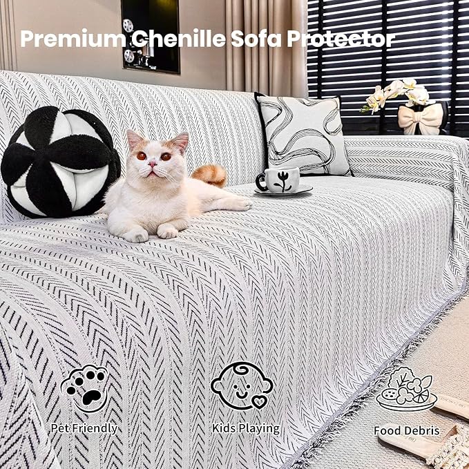 Nobildonna Sofa Cover Washable Soft Thicken Chenille Couch Cover with Tassel,Waterproof Sofa Slipcover for 3-4 Cushion Couch,Sectional Sofa,L-Shaped Furniture Protector Pet-Friendly,Beige 71"x134"
