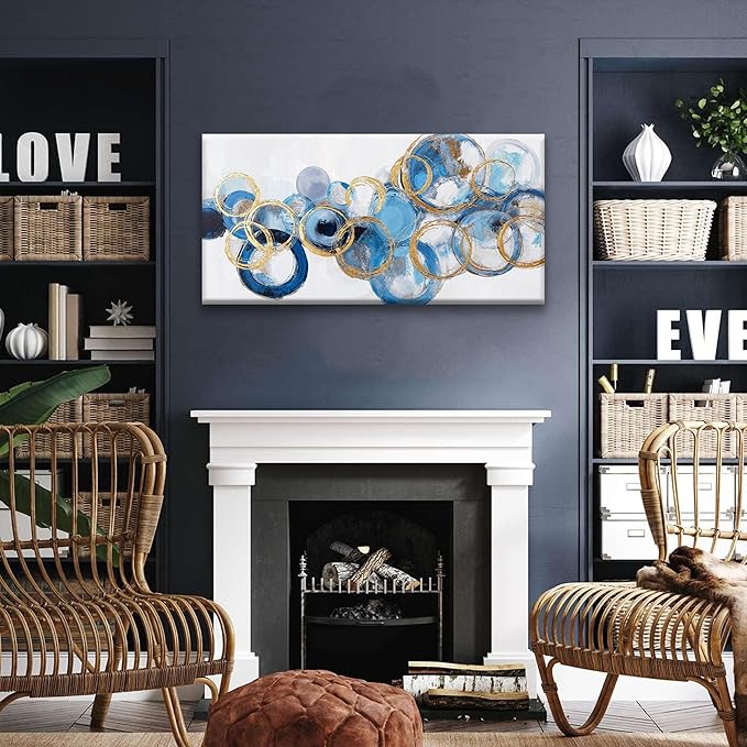 Suconvng Canvas Wall Art Decor Artwork Modern Paintings Abstract Wall Decor Maximalist Blue Gold Circle Abstract Wall Art Prints Picture For Bedroom Kitchen Office Artwork Ready To Hang 20" × 40"