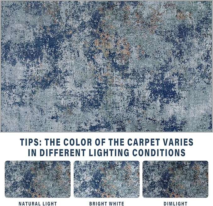 Area Rug Living Room Rugs: 6x9 Rug for Bedroom Machine Washable with Non Slip Backing Non Shedding Abstract Stain Resistant Large Carpet for Dining Room Nursery Home Office - Blue