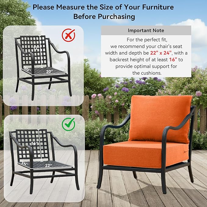 6" Thick Outdoor Cushions 22x24x6, 6-Set Deep Seat Patio Cushions with Removable Cover, Waterproof & Fade Resistant Replacement for Wicker Chair, Loveseat, Sofa - Orange