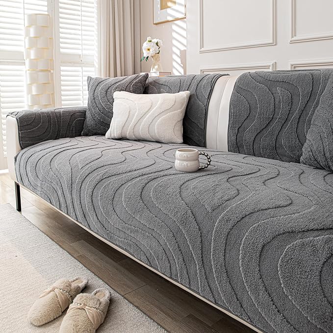 Couch Cover Sofa Covers Washable, Velvet Fleece Sofa Slipcovers for 2 Cushion Couch, Non-Slip Furniture Protector for Dog Pet, L Shaped Recliner Sectional Couch Cover Grey,36"X47"(Only 1 Pcs)