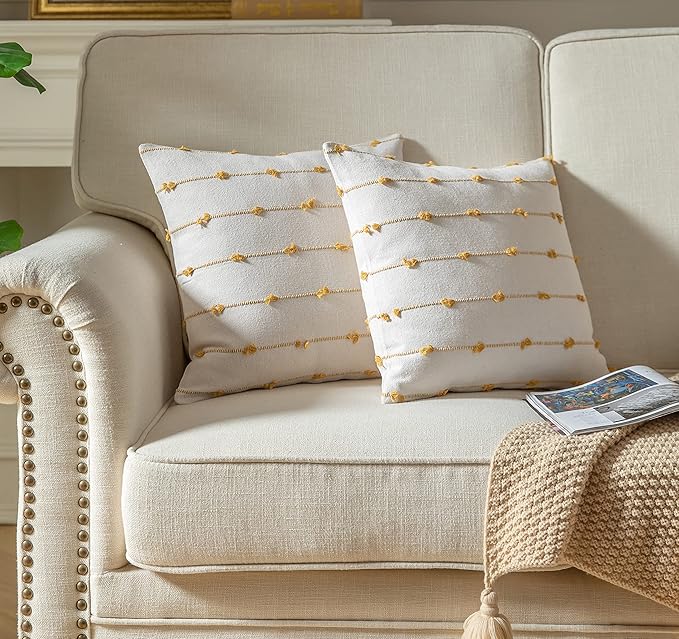 Caflife Boho Throw Pillow Covers 20x20 inches Beige and Yellow, Set of 2 Modern Farmhouse Decorative Pillow Covers for Couch Bed, Living Room