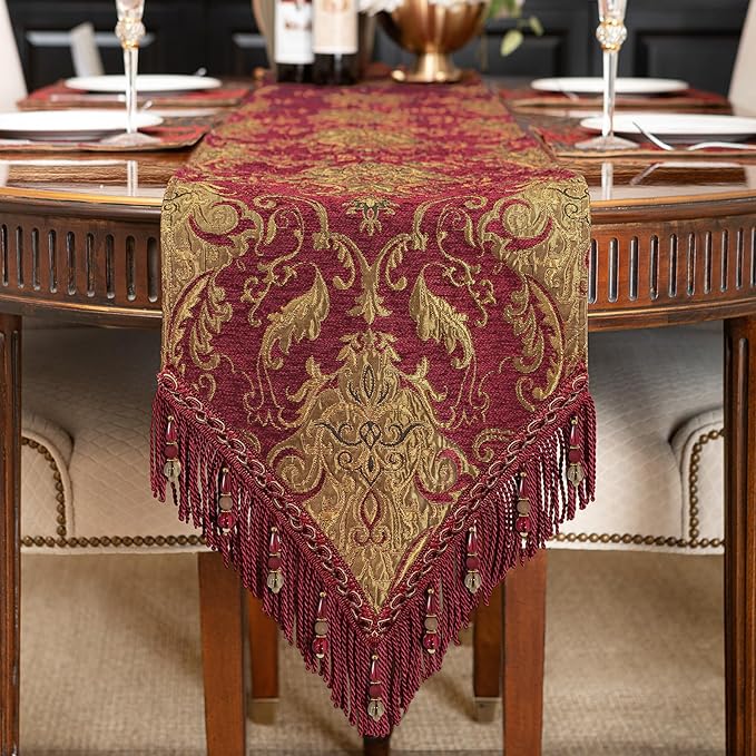 Loom and Mill Luxury Vintage Chenille Table Runner 90 Inches Long, Red Damask Jacquard Table Runners with Multi-Tassels for Dining Room Dresser Party Banquet Christmas Decorations(Red,13x90inch)