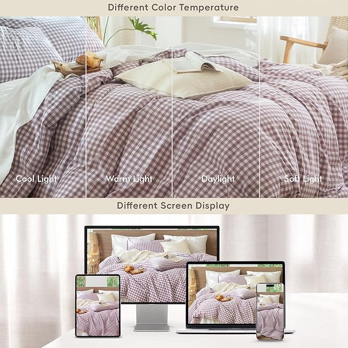 MooMee Gingham Duvet Cover Set 100% Washed Cotton Linen Like Textured Breathable Durable Soft Comfy Modern Checkered Design (Buffalo Plaid Tannish Linen Grey, Queen 90"x90")