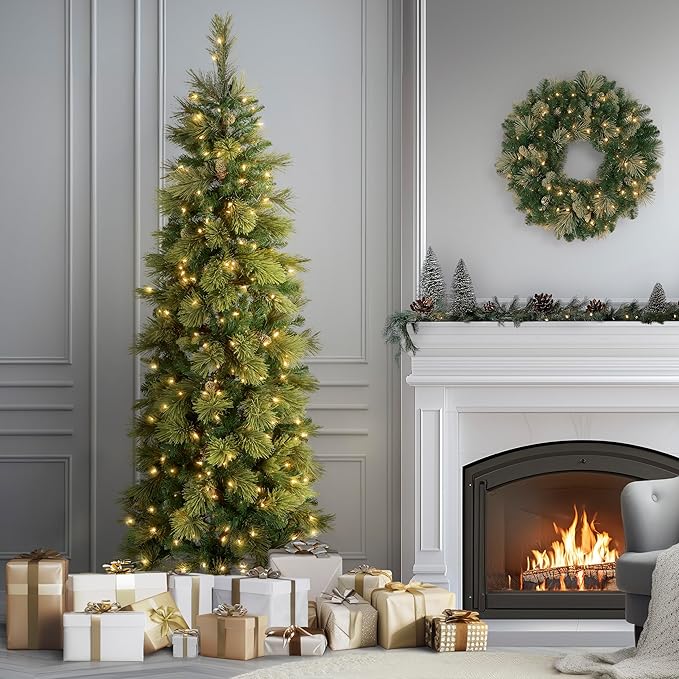 National Tree Company 6.5 ft Pre-Lit Carolina Pine Slim Artificial Christmas Tree, 350 Clear Lights, 516 Tips, Includes Stand, Green