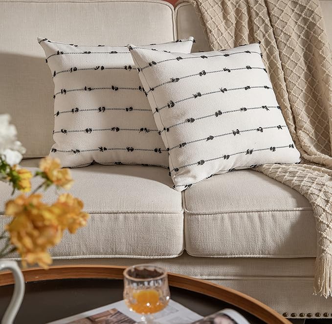 Caflife Boho Throw Pillow Covers 22x22 inches Beige and Black, Set of 2 Modern Farmhouse Decorative Pillow Covers for Couch Bed, Living Room