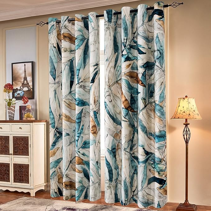 SUBRTEX Light Flitering Curtains 52Wx84L, Room Darkening Vibrant Floral Drapes, 50% Blackout, Semi Sheer Boho Farmhouse Curtains for Living Room, Blue