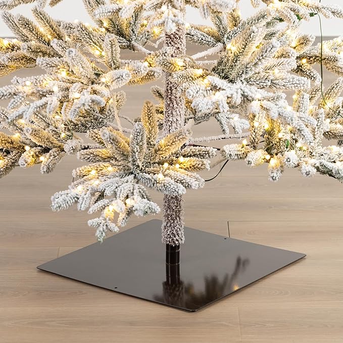 Glitzhome 9ft Deluxe Pre-Lit Flocked Artificial Christmas Tree Serene Snowscape Fir for Home, Office, Party Decoration with 650 Warm White Lights, Metal Hinges & Base, Easy Assembly