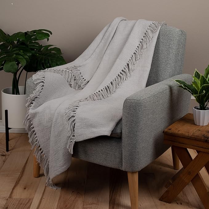 Sticky Toffee Woven Cotton Throw Blanket 60x50 in – Gray Textured Blanket with Fringe for Couch or Bed, Thick and Durable, Boho Decorative Style