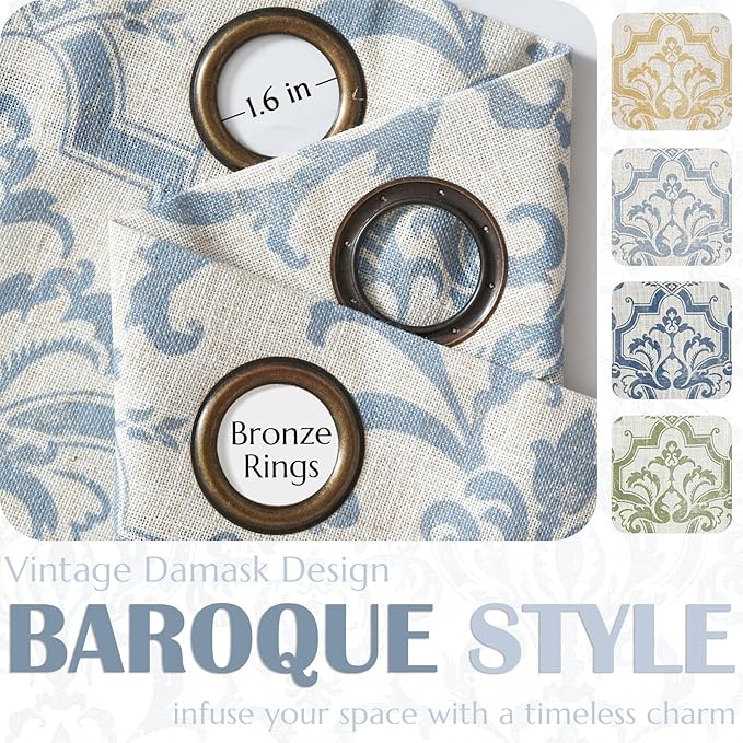 jinchan Curtains for Bedroom, Light Filtering 96 Inch Length 2 Panels Set, Baroque Style Linen Blend Drapes Living Room, Vintage Damask Window Treatments, Grommet Top Blue on Flax, W52 X L96