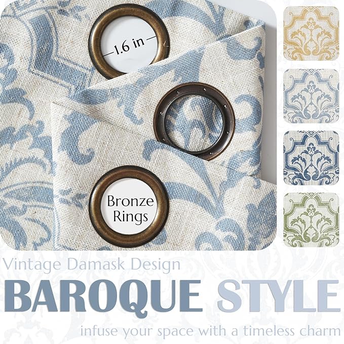 jinchan Curtains for Bedroom, Light Filtering Curtains 72 Inch Length 2 Panels Set, Baroque Style Linen Drapes for Living Room, Vintage Damask Patterned Window Treatments, Grommet Blue on Flax