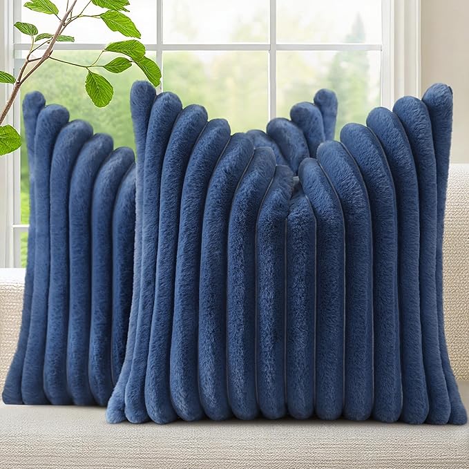 decorUhome Faux Fur Christmas Throw Pillow Covers 24x24 Set of 2, Decorative Soft Plush Striped Neutral Couch Euro Pillow Covers with Velvet Back for Sofa, Bed, Living Room Home Decor, Blue