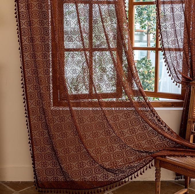 YJ YANJUN Caramel Brown Sheer Curtains 72 Inches Long 2 Panel Shabby Chic Floral Lace Curtain Panels with Tassel Bohemian Curtains for Living Room/Bedroom/Patio Door/Sliding Door W59 x L72 Tan Brown