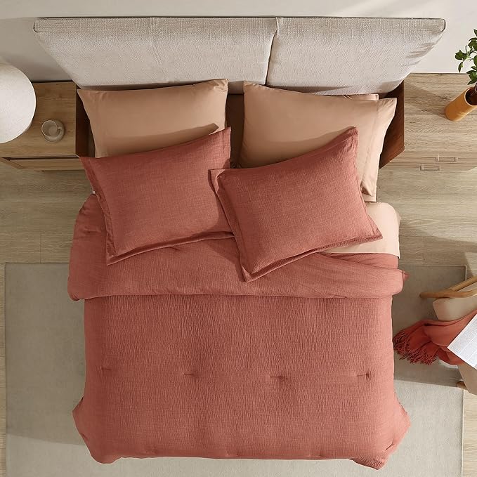 Geniospin Queen Size Comforter Set- 7 Pieces Terracotta Textured King Bedding Set, Soft Solid Bed in a Bag for All Seasons, Fall Comforter Set with Sheets