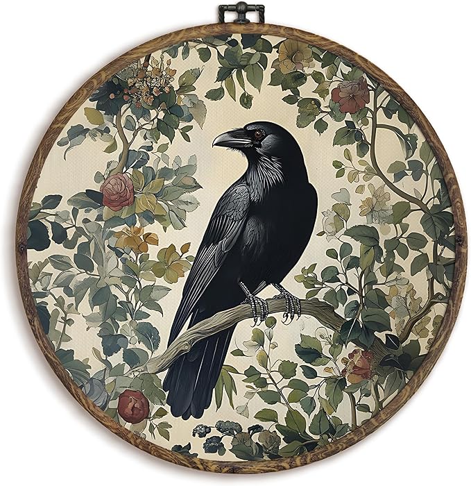 KFXHANGD Gothic Black Raven Crow Round Wall Art Framed, Vintage Dark Academia Raven Botanical Canvas Wall Art Decor, Moody Crow Hanging Decor for Bedroom Living Room, 10x10inch