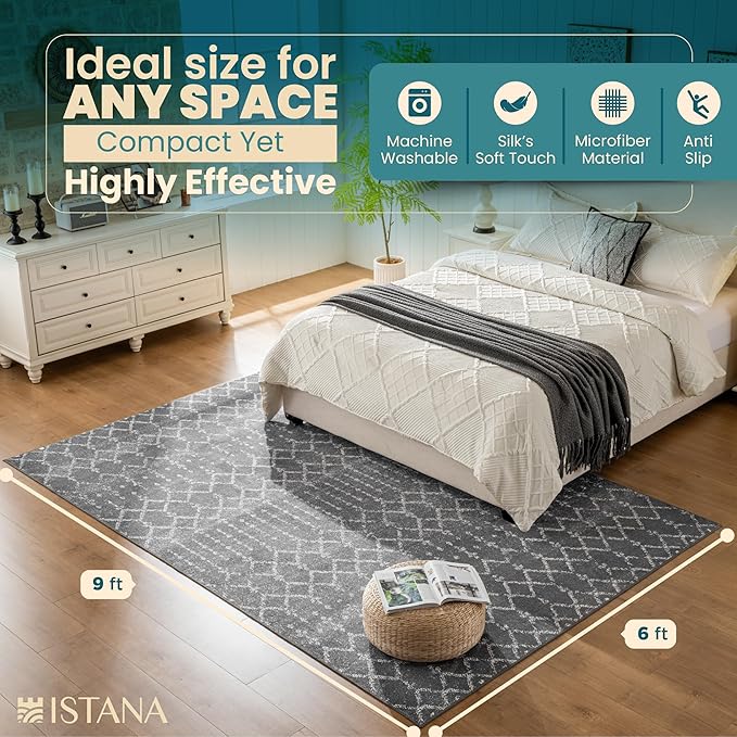Istana 6x9 Area Rug - Dark Grey Rugs for Living Room 6x9 - Foldable Boho Rugs for Bedroom - Stain Resistant Washable Rug - Eco-Friendly Area Rugs - Easy to Clean Living Room Rug