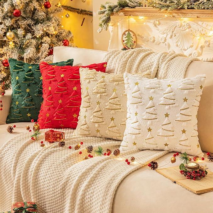 AQOTHES Christmas Tree Decorative Green White Throw Pillow Covers 18x18 Set of 2, Faux Fur Farmhouse Throw Pillows Cushion Cases for Xmas Winter Holiday Home Decor