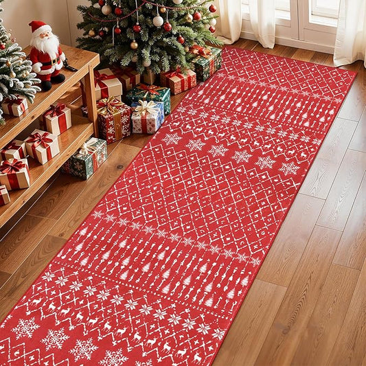 Lahome Christmas Runner Rug 2x6 for Hallway Red Non Slip Washable Low Pile Carpet Moroccan Snowflake Throw Rug Runner for Kitchen Entryway Laundry Bathroom Narrow Space Xmas Holiday Decor