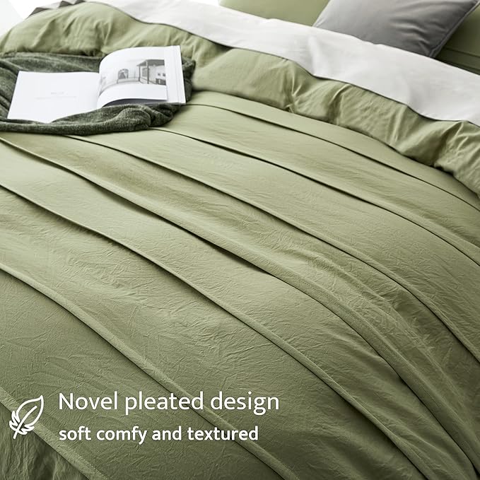 Oli Anderson Sage Green Duvet Cover Twin Size - Pleated Twin Duvet Cover, 2PCS Soft and Breathable Textured Bedding Set with Zipper Closure(Sage Green,68"x90")