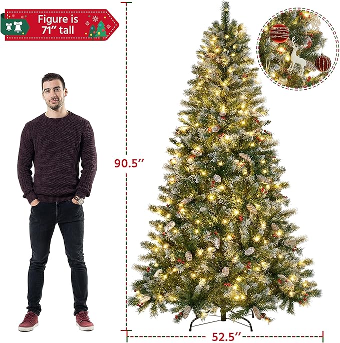 Yaheetech 7.5ft Pre-lit Frosted Artificial Hinged Christmas Tree with 1398 Flocked PVC Tips,88 Pine Cones,88 Holly Berries & 500 Warm White Lights,Foldable Stand,Green