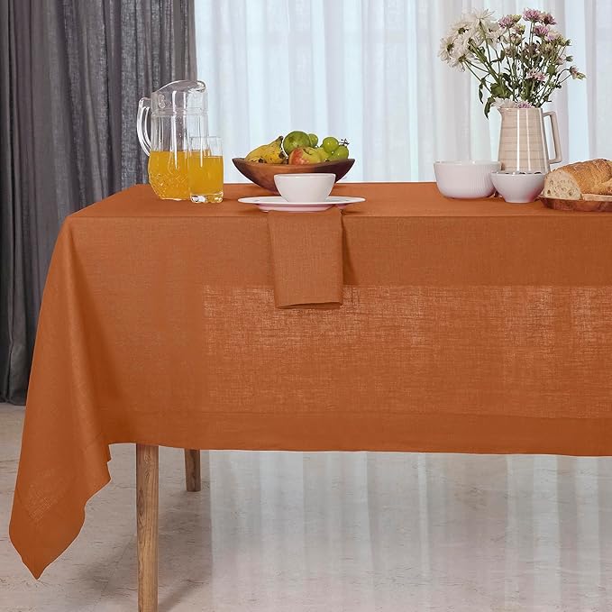 D'Moksha Homes Linen Rust Tablecloth 60 x 132 Inch - 100% Pure Linen Rectangular Tablecloth - Machine Washable Table Cloth for Fall, Thanksgiving, Holiday