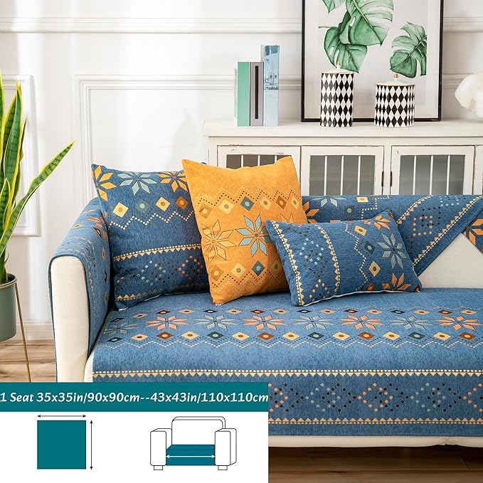 Boho Chenille Couch Covers,Geometric Couch Covers for Sofa,Chenille Couch Cover Non Slip,Sectional l Shaped Sofa Furniture Protector Cover for Home Decor,Blue_Chaise 43x63in/110x160cm