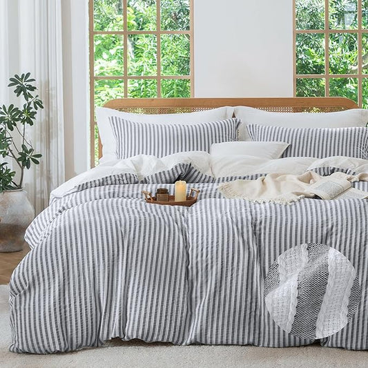 MILDLY Dark Grey Striped Duvet Cover - 100% Washed Cotton Jacquard Boho Textured Comforter Cover 2pcs with Corner Ties Zipper Closure 68"x90"