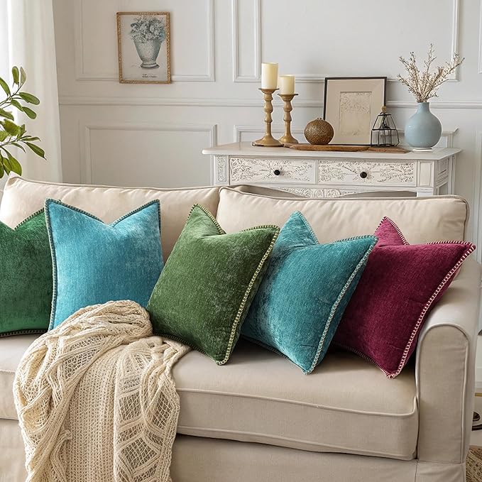 decorUhome Christmas Chenille Soft Throw Pillow Covers 18x18 Set of 2, Farmhouse Velvet Neutral Decorative Euro Pillow Covers with Stitched Edge for Couch Sofa Bed Home Decor, Green