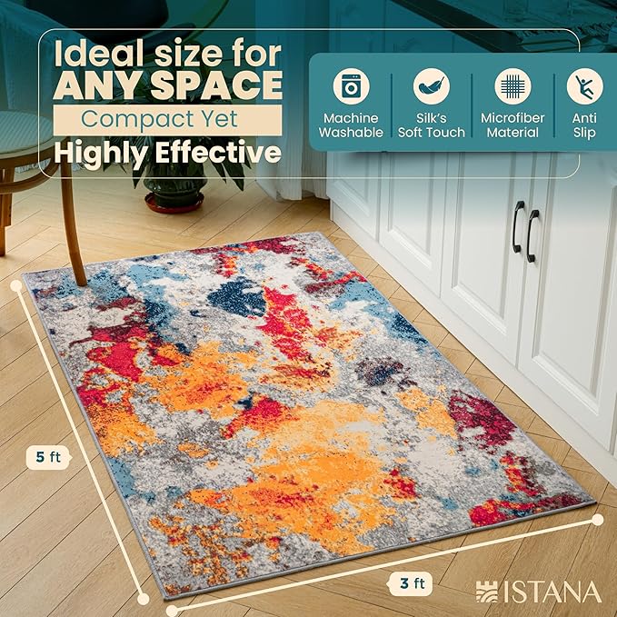Istana 3x5 Area Rug - Multi Colors Modern Rugs for Living Room 3x5 - Foldable Rugs for Bedroom/Living Room Rug - Stain Resistant Washable Rug - Eco-Friendly Small Area Rugs