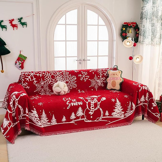 MEETSKY Christmas Sofa Cover Couch Covers for 2 Cushion Couch Sofa, Washable Couch Cover Blanket with Tassel for Living Room Sectional Sofa Slipcovers for Dogs Large Couch Protector, 71" x 118", Red