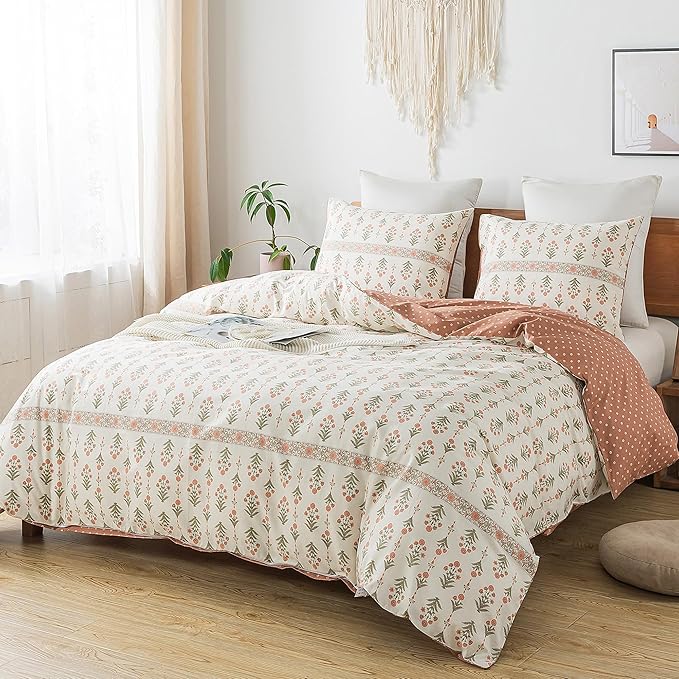 HoneiLife Floral Duvet Cover Twin - 100% Cotton Comforter Cover Wildflower Duvet Cover Sets, Botanical Duvet Cover with Zipper Closure & Corner Ties, 2-PCS Orange Comforter Cover Sets