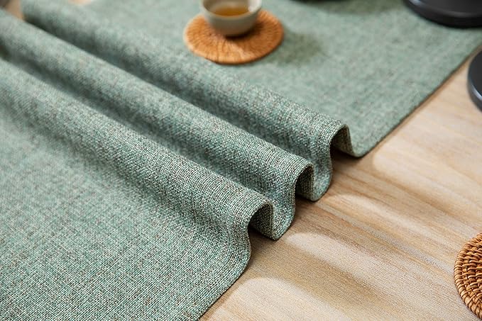 ZeeMart Burlap Style Farmhouse Table Runners 36 Inches Long, Green Rustic Woven Dining Table Runner for Everyday Use, 14x36 Inches, Mineral Green