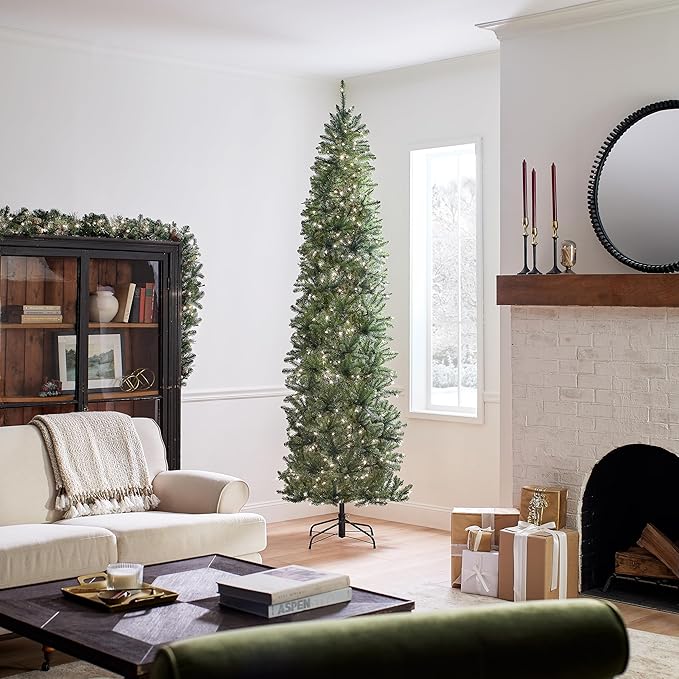 National Tree Company 9 ft Pre-Lit Kingswood Fir Slim Artificial Christmas Tree, 500 Clear Lights, 1,443 Tips, Includes Stand, Green
